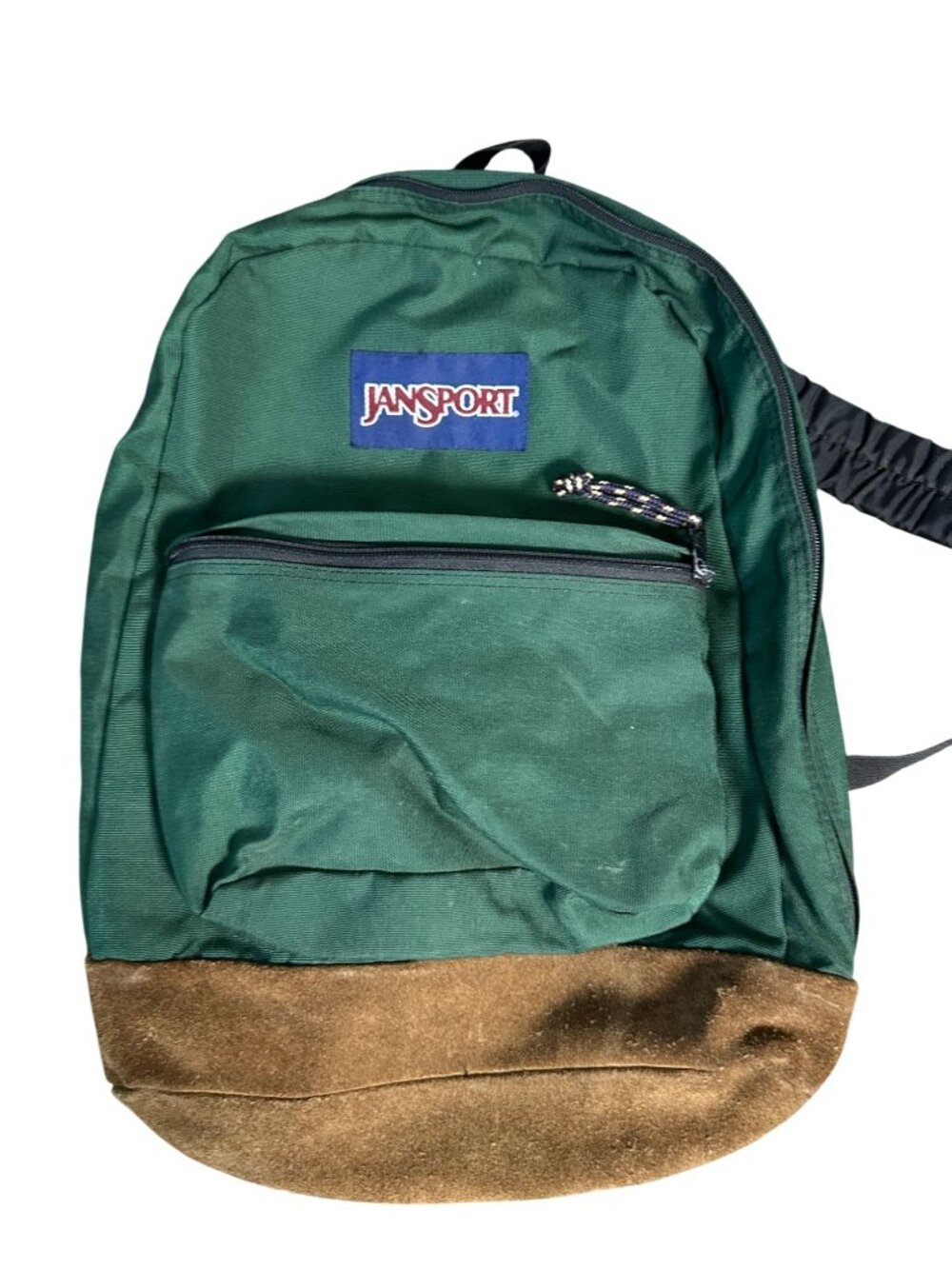JanSport Vintage Green Backpack Brown Suede Leather Bottom 90s Hiking School Bag
